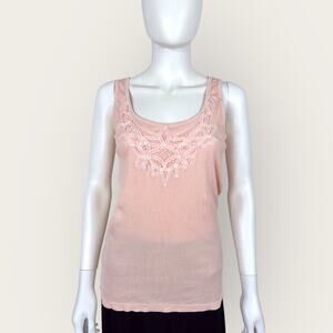 Talbots Pastel Pink Tank Top with Lace Detail 100% Cotton Ribbed Small